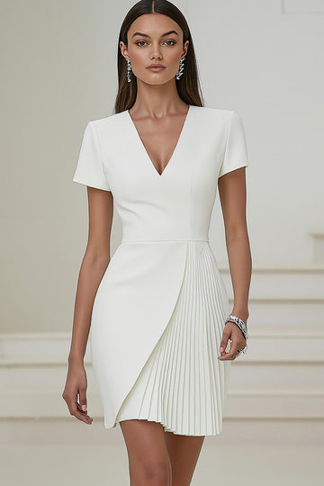 Pencil V-Neck Ivory Work Dress With Pleats